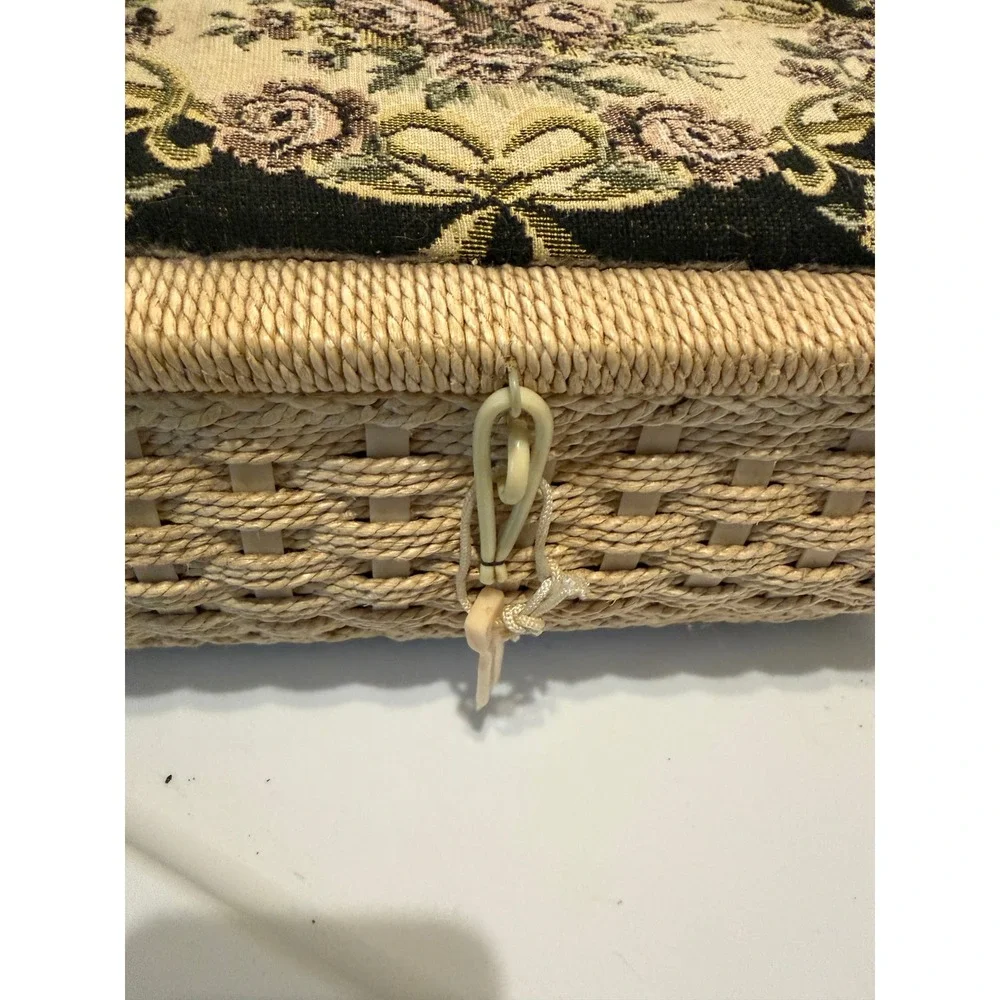 Vintage Wicker Sewing Basket Floral Tapestry Lid with Notions 10x7 Mid Century